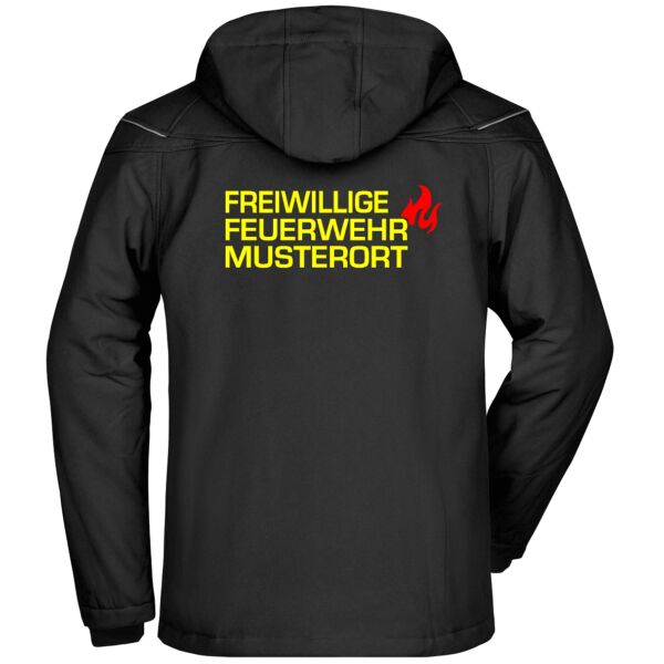 Winter Softshell Jacke | Freiwillige Feuerwehr mit Ortsnamen und Flamme Schwarz