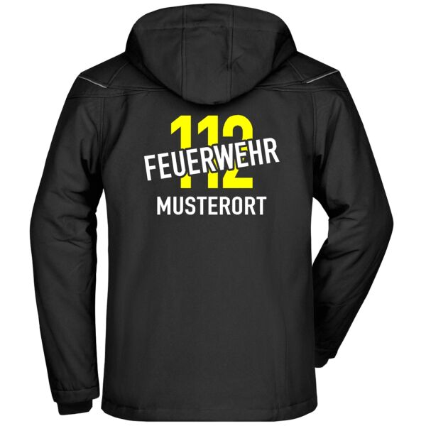 Winter Softshell Jacke | Feuerwehr schräg mit Ortsnamen und 112 Schwarz