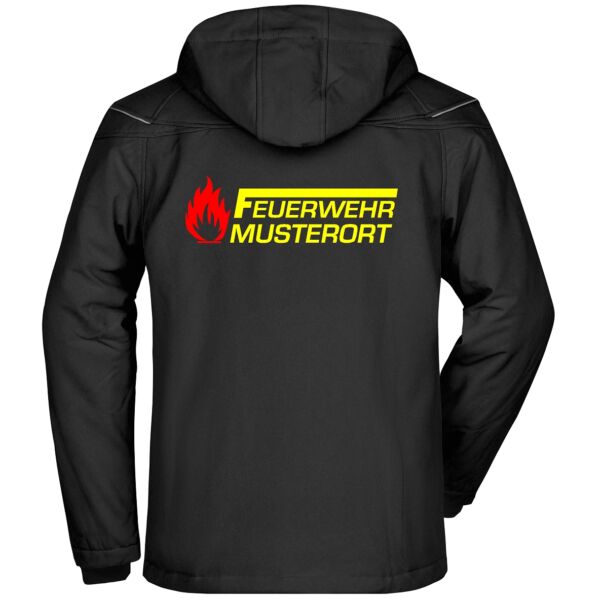 Winter Softshell Jacke | Feuerwehr F mit Balken und Flamme Schwarz