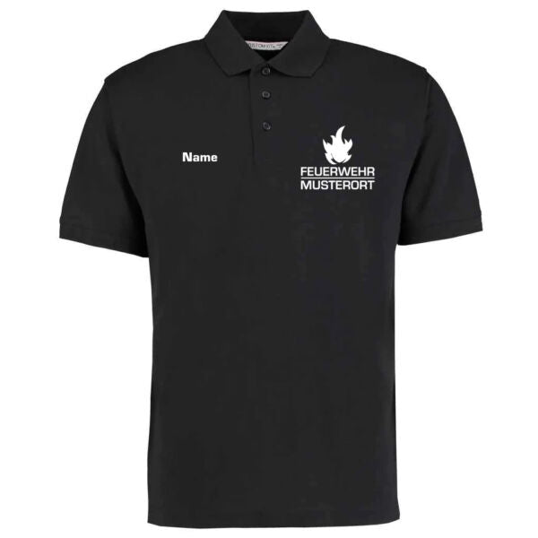 Poloshirt | Feuerwehr Balken mit Flamme & Ortsname Basic Schwarz