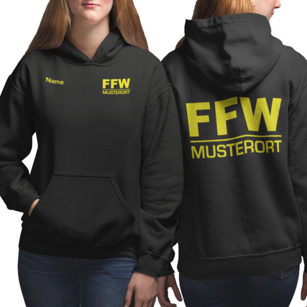 Hoodie Frauen | Freiwillige Feuerwehr Balken mit Ortsname Basic Schwarz