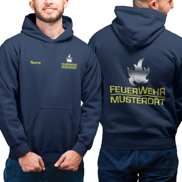 Hoodie Männer | Feuerwehr Balken mit Flamme & Ortsname Navy