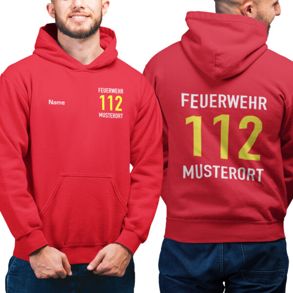 Hoodie Männer | Feuerwehr 112 Notruf mit Ortsname Rot