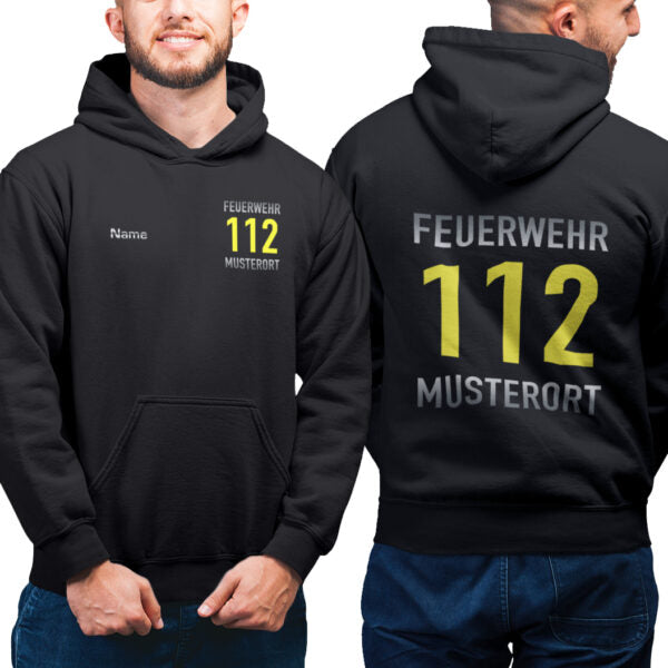 Hoodie Männer | Feuerwehr 112 Notruf mit Ortsname Schwarz
