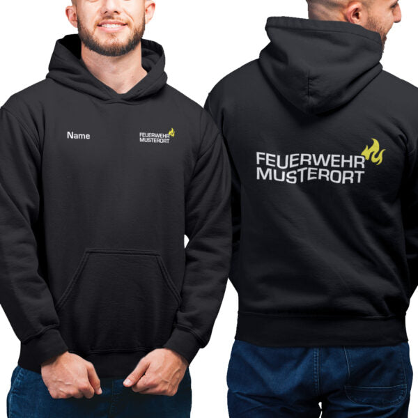 Hoodie Männer | Feuerwehr Ortsname mit Flamme Schwarz