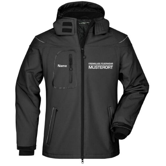 Winter Softshell Jacke | Freiwillige Feuerwehr mit Ortsnamen und Balken Schwarz