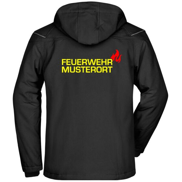 Winter Softshell Jacke | Feuerwehr mit Ortsnamen und Flamme Schwarz
