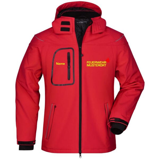 Winter Softshell Jacke | Feuerwehr mit Ortsnamen und Flamme Rot