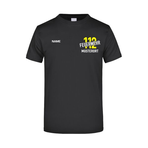 T-Shirt | Feuerwehr schräg mit Ortsnamen und 112 Schwarz