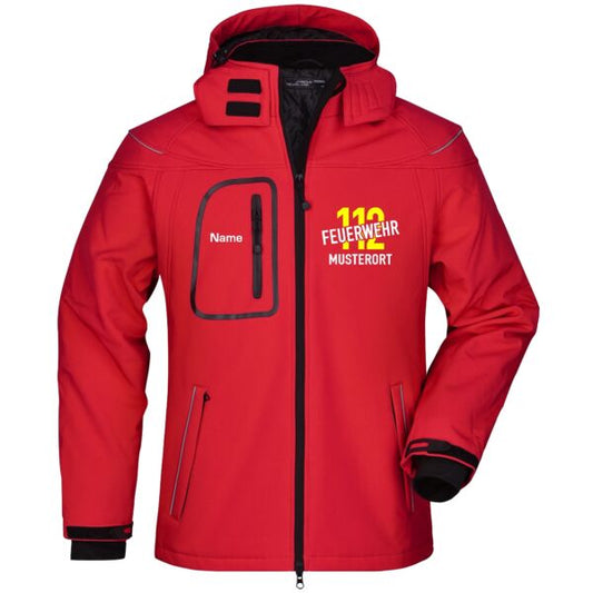 Winter Softshell Jacke | Feuerwehr schräg mit Ortsnamen und 112 Rot