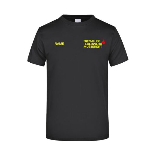 T-Shirt | Freiwillige Feuerwehr mit Ortsnamen und Flamme Schwarz