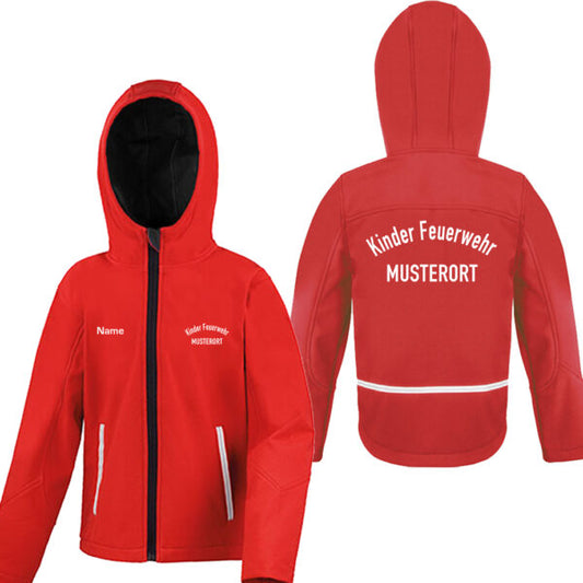 Classic Softshelljacke Kinder | Kinderfeuerwehr gebogen mit Ortsname Rot