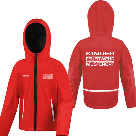 Classic Softshelljacke Kinder | Kinderfeuerwehr mit Ortsname Block Rot