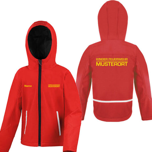 Classic Softshelljacke Kinder | Kinderfeuerwehr mit Ortsname Rot