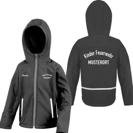 Classic Softshelljacke Kinder | Kinderfeuerwehr gebogen mit Ortsname Schwarz