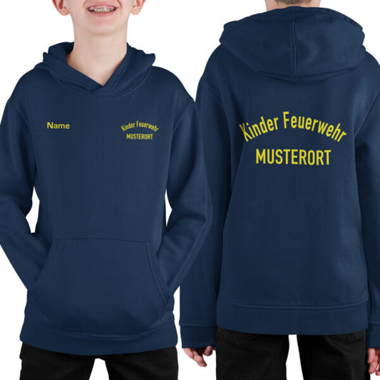 Hoodie Unisex | Kinderfeuerwehr gebogen mit Ortsname Navy