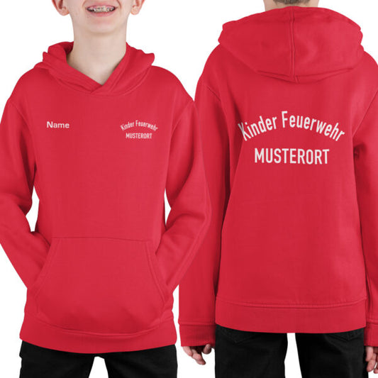 Hoodie Unisex | Kinderfeuerwehr gebogen mit Ortsname Rot