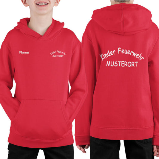 Hoodie Unisex | Kinder Feuerwehr gebogen mit Ortsname Rot