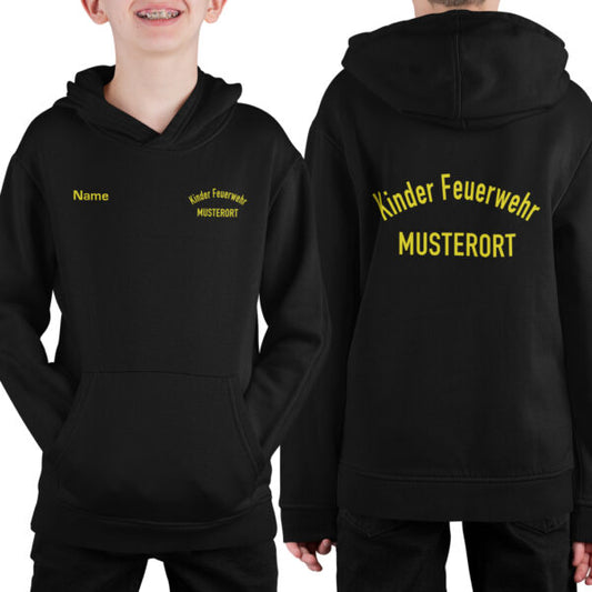 Hoodie Unisex | Kinderfeuerwehr gebogen mit Ortsname Schwarz