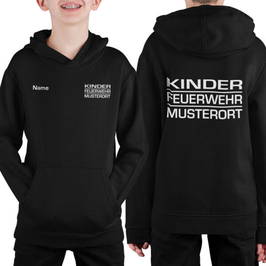 Hoodie Unisex | Kinderfeuerwehr mit Ortsname Block Schwarz