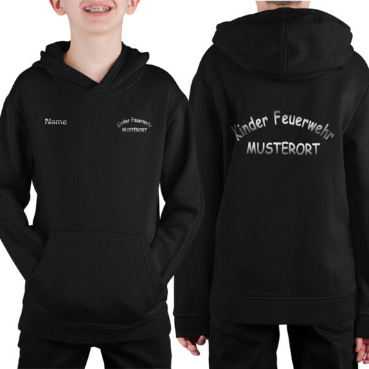 Hoodie Unisex | Kinder Feuerwehr gebogen mit Ortsname Schwarz