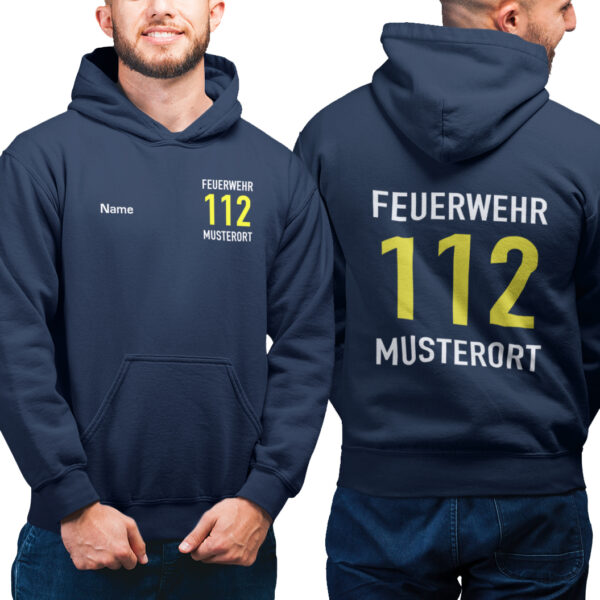Hoodie Männer | Feuerwehr 112 Notruf mit Ortsname Navy