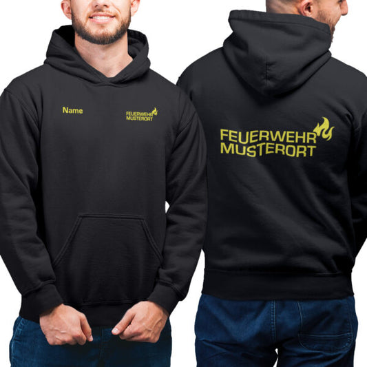 Hoodie Männer | Feuerwehr Flamme & Ortsname Schwarz