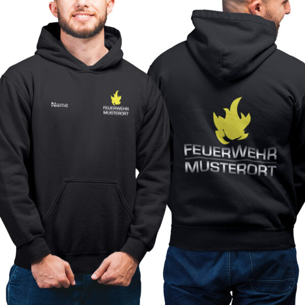 Hoodie Männer | Feuerwehr Balken mit Flamme & Ortsname Schwarz