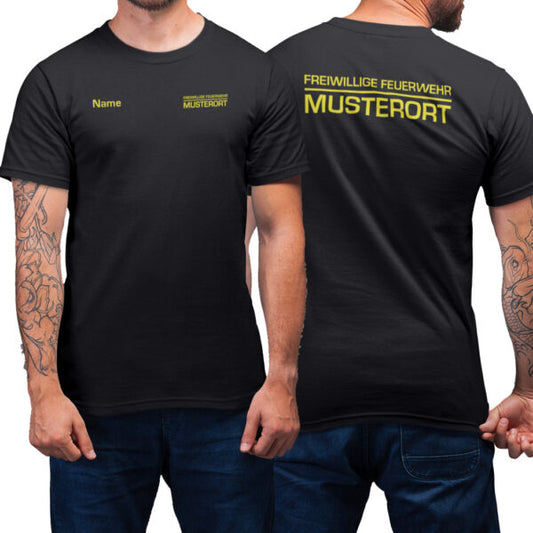 T-Shirt Männer | Freiwillige Feuerwehr mit Ortsname Balken Basic Schwarz