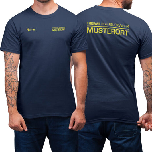 T-Shirt Männer | Freiwillige Feuerwehr mit Ortsname Balken Basic Navy