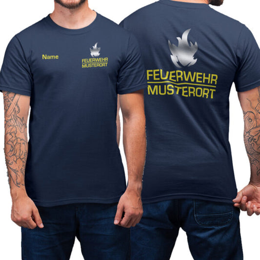 T-Shirt Männer | Feuerwehr Balken mit Flamme & Ortsname Basic Navy