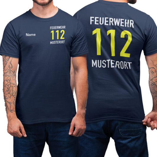 T-Shirt Männer | Feuerwehr 112 Notruf mit Ortsname Basic Navy