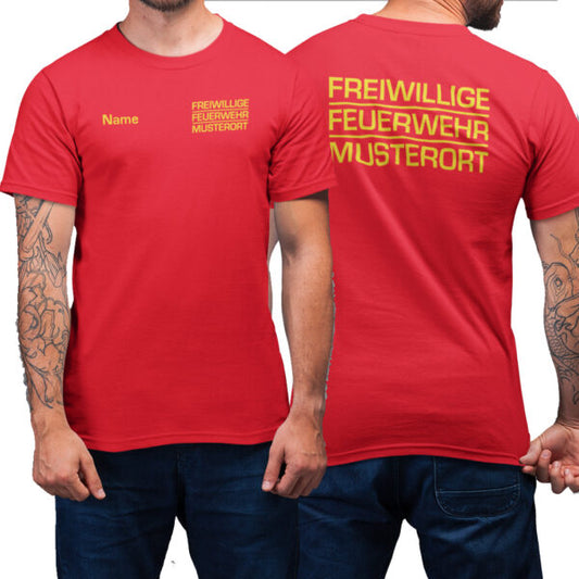 T-Shirt Männer | Freiwillige Feuerwehr Block mit Ortsname Basic Rot