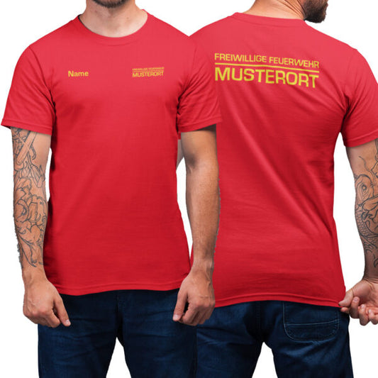 T-Shirt Männer | Freiwillige Feuerwehr mit Ortsname Balken Basic Rot