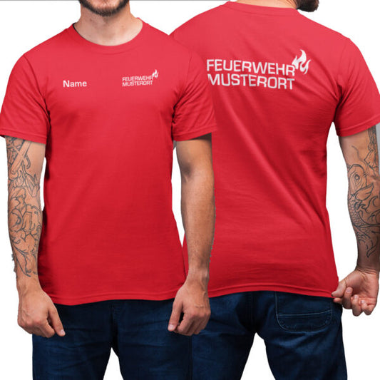 T-Shirt Männer | Feuerwehr Flamme & Ortsname Basic Rot