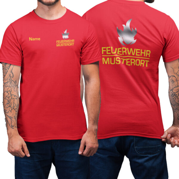 T-Shirt Männer | Feuerwehr Balken mit Flamme & Ortsname Basic Rot