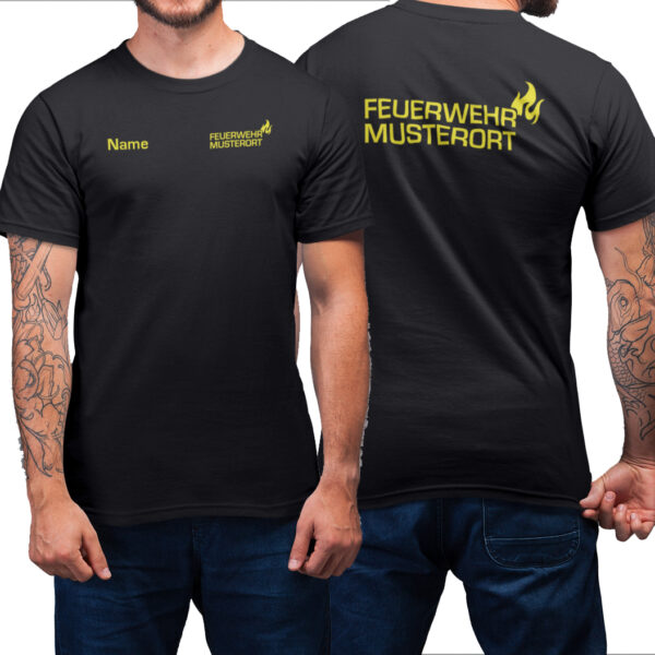 T-Shirt Männer | Feuerwehr Flamme & Ortsname Basic Schwarz