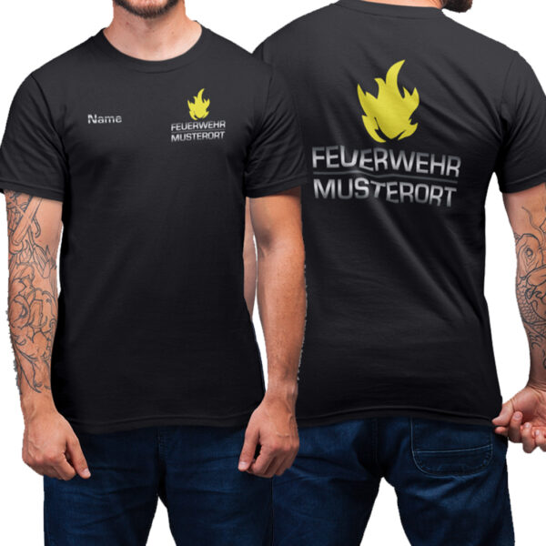 T-Shirt Männer | Feuerwehr Balken mit Flamme & Ortsname Basic Schwarz