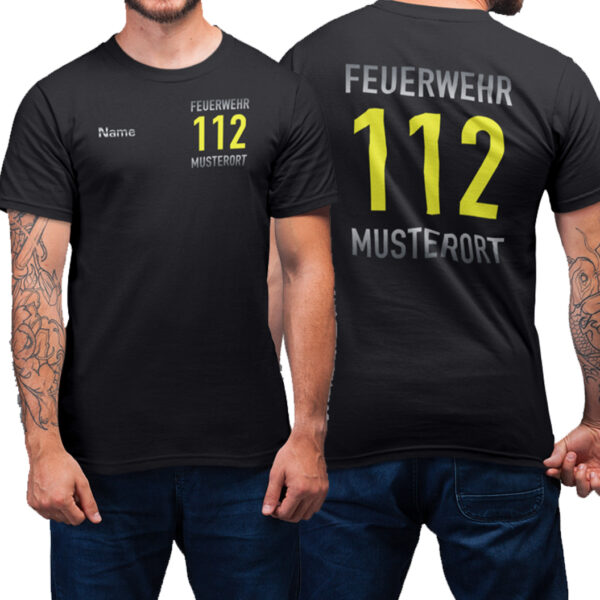 T-Shirt Männer | Feuerwehr 112 Notruf mit Ortsname Basic Schwarz