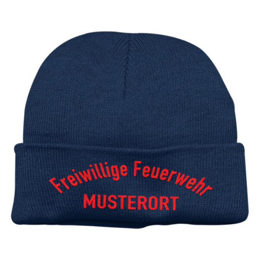 Strickmütze Unisex | Freiwillige Feuerwehr gebogen mit Ortsname Basic Navy