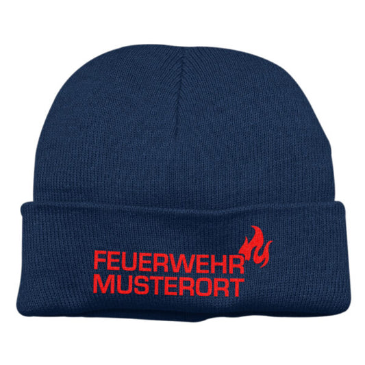 Strickmütze Unisex | Feuerwehr Flamme mit Ortsname Basic Navy