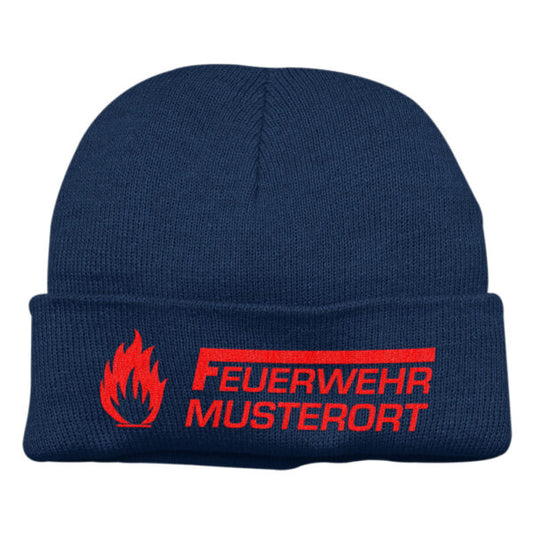 Strickmütze Unisex | Feuerwehr F Flamme mit Ortsname Basic Navy