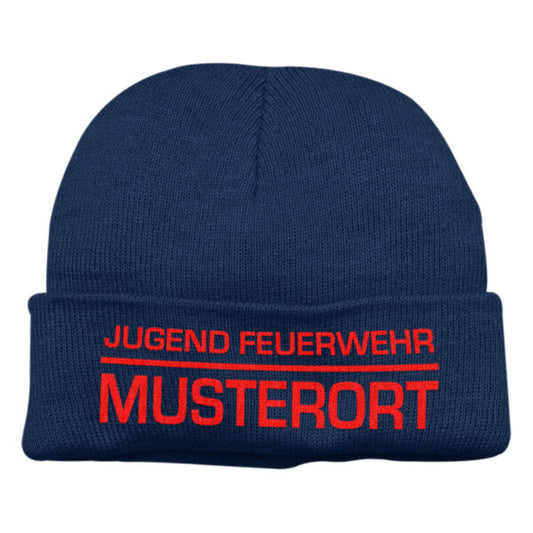 Strickmütze Unisex | Jugendfeuerwehr mit Ortsname Balken Navy