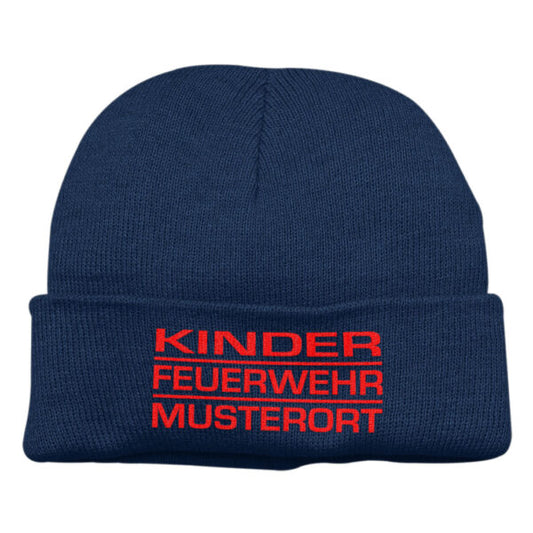 Strickmütze Kinder | Kinder Feuerwehr Block mit Ortsname Navy