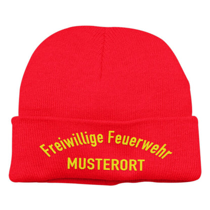 Strickmütze Unisex | Freiwillige Feuerwehr gebogen mit Ortsname Basic Rot