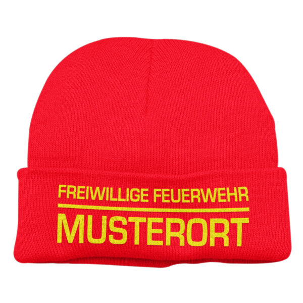 Strickmütze Unisex | Freiwillige Feuerwehr mit Ortsname Balken Basic Rot