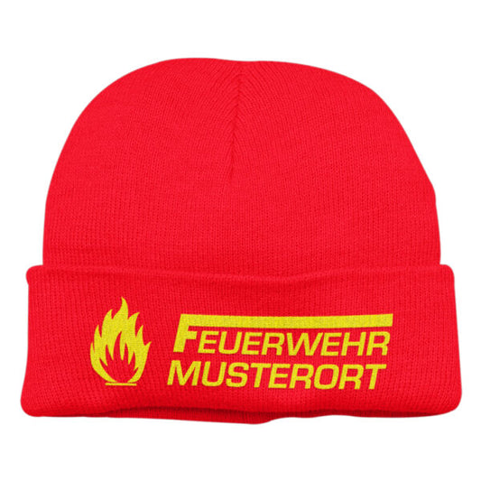 Strickmütze Unisex | Feuerwehr F Flamme mit Ortsname Basic Rot