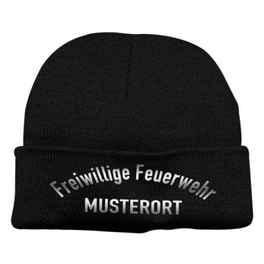 Strickmütze Unisex | Freiwillige Feuerwehr gebogen mit Ortsname Basic Schwarz