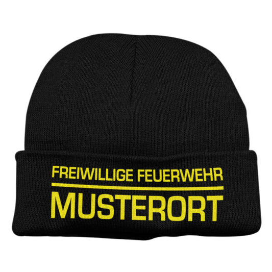 Strickmütze Unisex | Freiwillige Feuerwehr mit Ortsname Balken Basic Schwarz