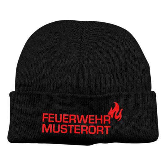 Strickmütze Unisex | Feuerwehr Flamme mit Ortsname Basic Schwarz